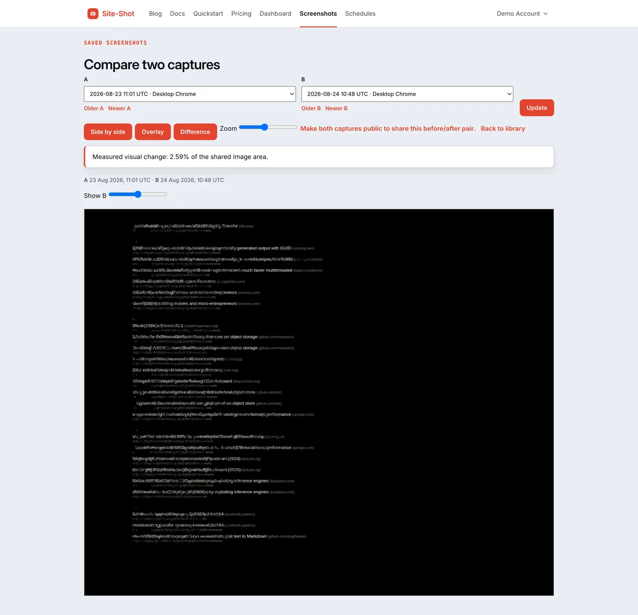 Two captures of one page compared side by side, with the measured visual change stated above them.