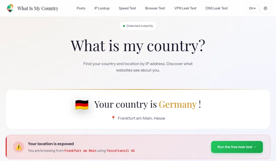 The same page captured through a German exit: the site reports Germany, Frankfurt am Main.