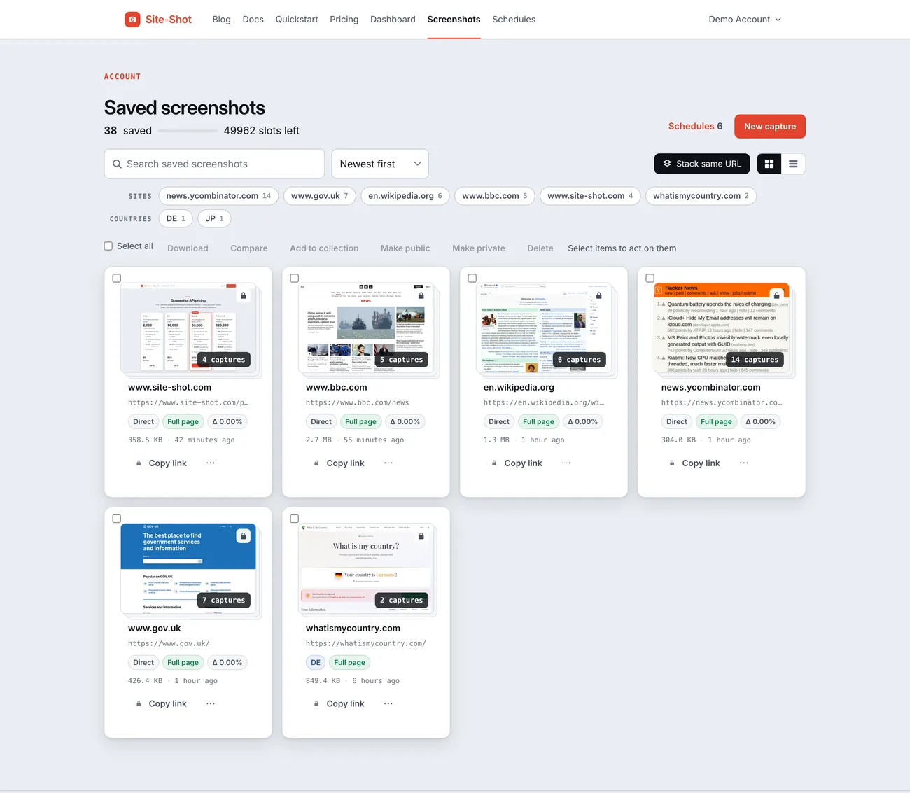 The saved screenshots library: stacked cards per URL, facets by site and country, and bulk actions.