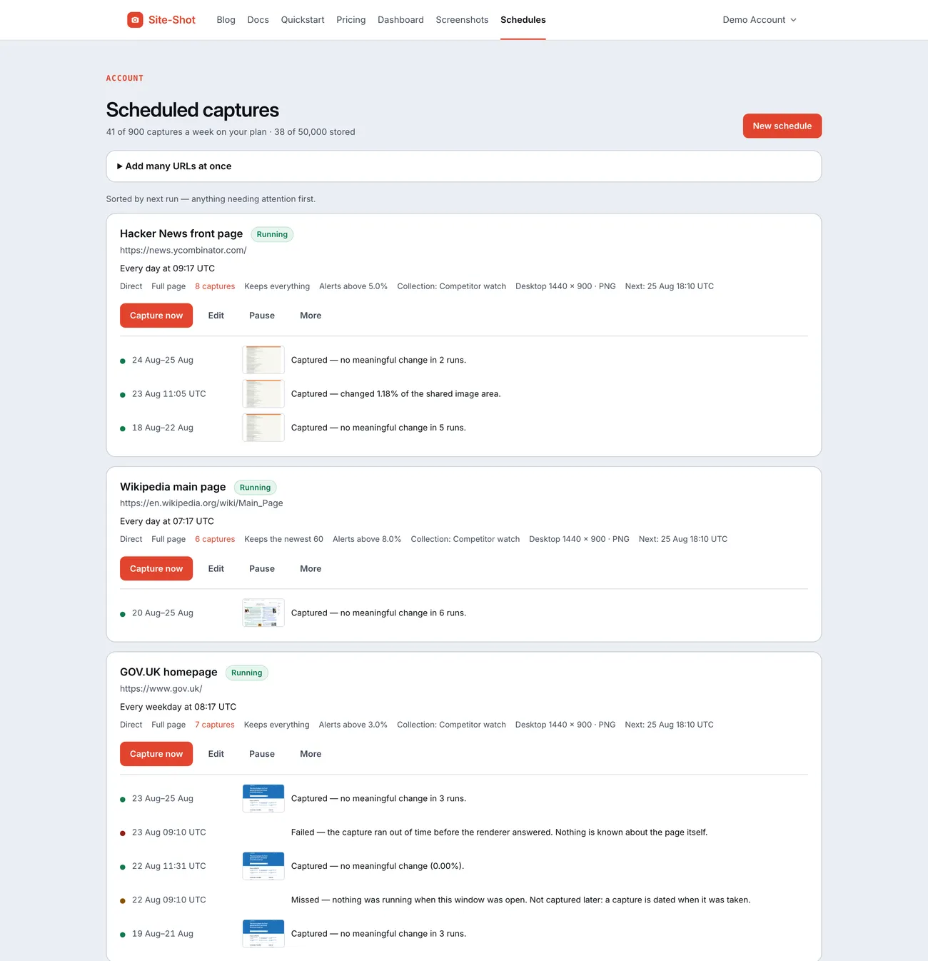 The scheduled captures page: each schedule with its cadence, health badge and recent run history.